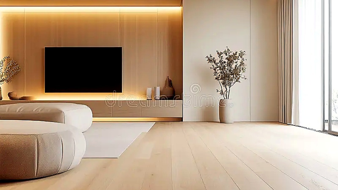 Sala minimalista con panel de madera y mueble TV flotante